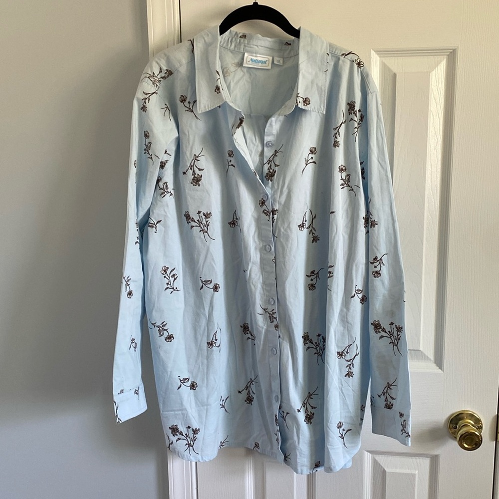 National Light Blue Button Front Shirt Brown Floral Design Women's Size 3X